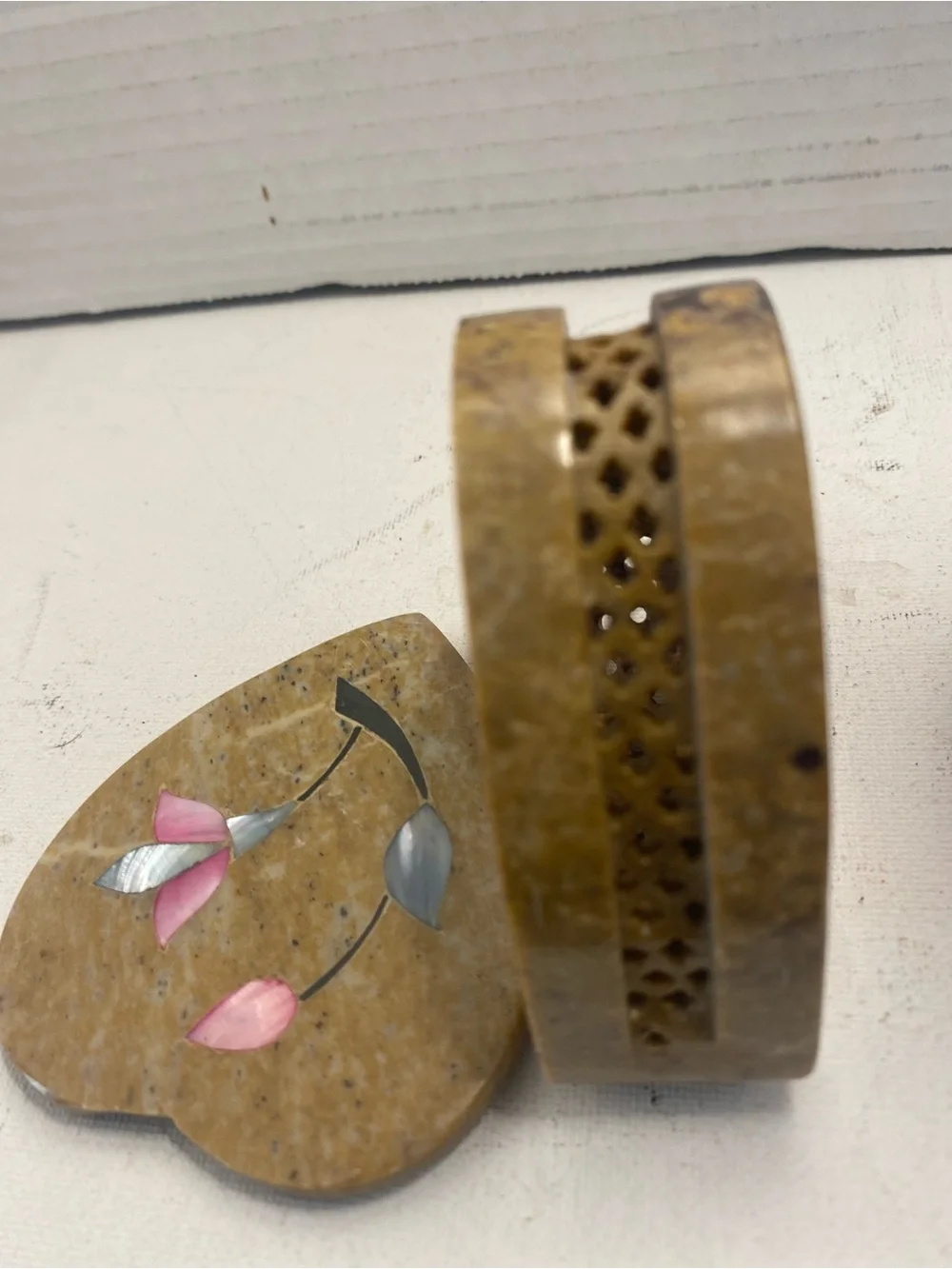Vintage Heart Shaped Stone Trinket Box with Inlaid Pink and Blue made in India